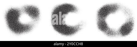 Ombreggiature sfumate granulose e rumorose. Irradia i cerchi vettoriali punteggiati con la consistenza della polvere. Elementi mezzitoni astratti con texture spray. Grunge spruzzi e. Illustrazione Vettoriale