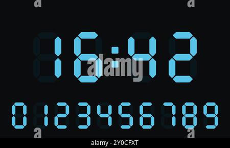 Quadrante elettronico. Orologio, cronometraggio, gestione del tempo, pianificazione, sveglia, pianificazione, numeri blu, calendario, orologio, timer, pattinare, assegnare un termine, creare un Illustrazione Vettoriale