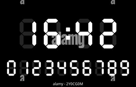 Quadrante elettronico. Orologio, cronometraggio, gestione del tempo, pianificazione, sveglia, pianificazione, numeri, calendario, orologio, timer, pattinare, assegnare un termine, creare una a. Illustrazione Vettoriale