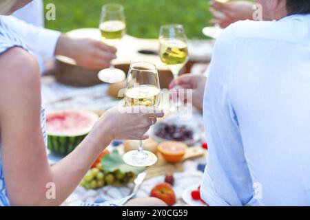 Picnic estivo con vino bianco. Parte esterna o celebrazione Foto Stock