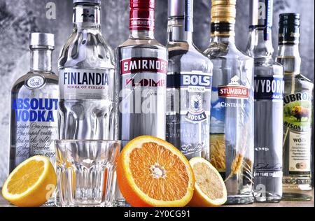 Bottiglie di diversi marchi globali di vodka Foto Stock