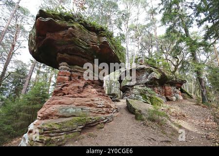 Il Satensbrocken è uno spettacolo straordinario a Dahner Felsenland Foto Stock