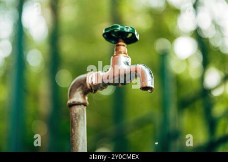 Approvvigionamento idrico, rubinetto da giardino esterno con impugnatura verde e gocciolamento d'acqua, messa a fuoco selettiva Foto Stock