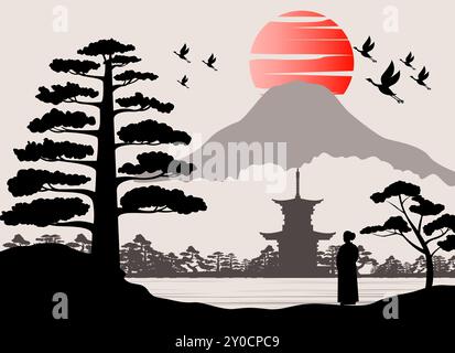 L'arte giapponese con l'antico design di kimono donna guarda alla pagoda e al monte Fuji che circonda con una splendida natura, illustrazione vettoriale Illustrazione Vettoriale