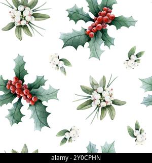 Bacche rosse e ramoscelli di bosco ilex holly con motivo ad acquerello senza cuciture sul bianco. Sfondo natalizio per Natale Foto Stock
