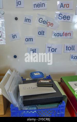 Classe di quarto grado, dopo la scuola, l'edificio è più vecchio ma in buone condizioni, apprendimento delle lingue, grammatica, parole, lingua, vocabolario Foto Stock