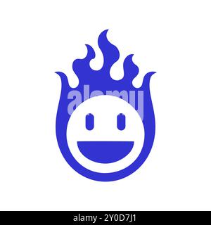 Emoticon Smiley retrò Y2K con fumetto fiammeggiante che brucia, icona a linea blu di schizzo, illustrazione piatta vettoriale. Psichedelico felice emoji positivo fuoco flamma Illustrazione Vettoriale