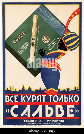 Tutti fumano solo Salve - poster russo d'epoca che pubblicizza le sigarette "Salve" di Tabtrust dell'Ucraina. Leningrado, 1920s - Все курят только «Саль Foto Stock