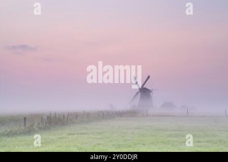 Mulino a vento sul prato nella nebbia mattutina all'alba Foto Stock