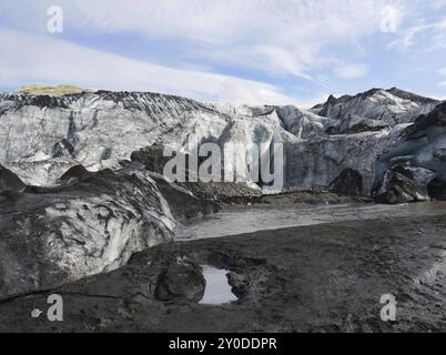 Lingua glaciale del ghiacciaio Solheimajoekull in Islanda Foto Stock