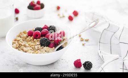 Mattina sana colazione, ciotola bianca piena di granola, muesli, lampone, mora su tavola grigia in cemento. Mangiare sano, eco, concetto di bio-cibo. Foto Stock