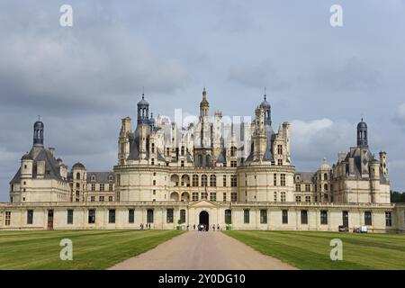 Castello storico con architettura imponente e elaborate torri sotto un cielo nuvoloso, circondato da un'enorme area verde, il castello di Chambord e il castello di chamb Foto Stock