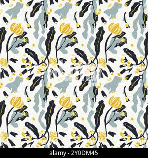 Moderno motivo blockprint in tessuto stampato con fiori selvatici e texture in lino. Motivi floreali boho scuri disegnati a mano stilizzati per elementi di design decorativi Foto Stock