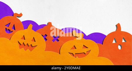 Poster. Collage d'arte contemporanea. Ondata di Jack-o'-lanterne, ognuna con la sua espressione spettrale, crea una divertente atmosfera di Halloween. Foto Stock