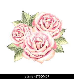 Fiori di rose con foglie verdi. Composizione primaverile. Illustrazione ad acquerello disegnata a mano isolata. Clipart botanico di piante da giardino. Design floreale Foto Stock