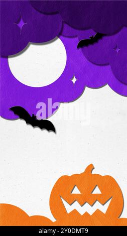 Poster. Collage d'arte contemporanea. I pipistrelli volano sotto la luna piena mentre la zucca grattugiante sorveglia la notte di Halloween infestata dai fantasmi. Foto Stock