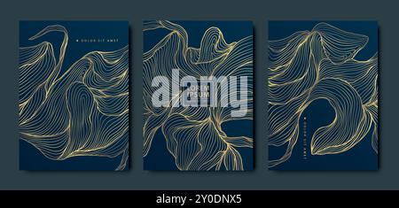 Set vettoriale di opere d'arte di foglie d'oro di lusso, sfondi astratti di foglie, carte di linea moderne della natura, copertine, illustrazioni. Design vintage con glitter floreale. Illustrazione Vettoriale