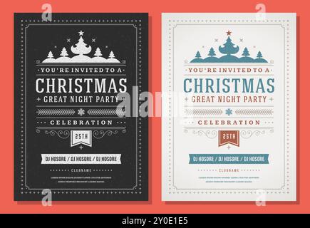 Volantino per le feste di Natale su invito con elementi tipografici retrò ed elementi decorativi. Poster per le vacanze di Natale. Illustrazione vettoriale. Illustrazione Vettoriale
