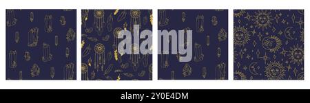 Set di 4 motivi mistici senza cuciture con cristalli, sole celeste e lune Illustrazione Vettoriale