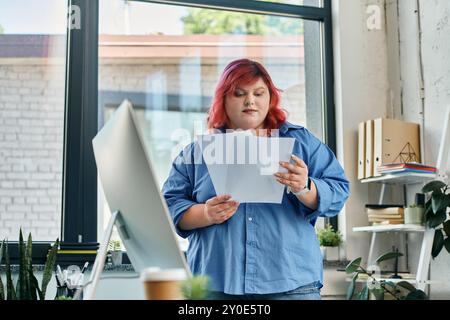 Una donna di grandi dimensioni con capelli rossi vivaci legge attentamente i documenti, concentrandosi sulla sua espressione. Foto Stock