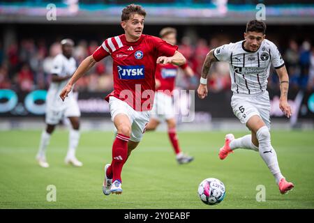 Silkeborg, Danimarca. 1 settembre 2024. Mads Larsen (20) di Silkeborg SE visto durante il 3F Superliga match tra Silkeborg IF e FC Midtjylland al Jysk Park di Silkeborg. Credito: Gonzales Photo/Alamy Live News Foto Stock