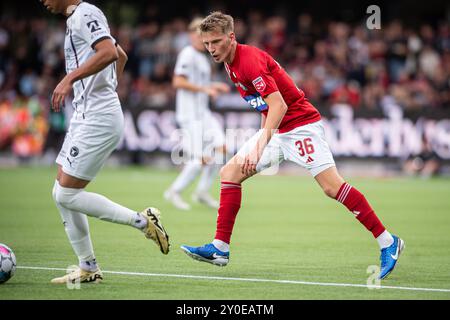 Silkeborg, Danimarca. 1 settembre 2024. Julius Nielsen (36) di Silkeborg SE visto durante il 3F Superliga match tra Silkeborg IF e FC Midtjylland al Jysk Park di Silkeborg. Credito: Gonzales Photo/Alamy Live News Foto Stock