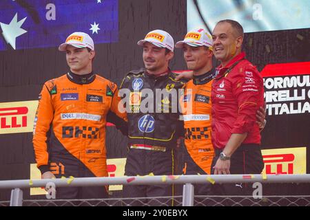 Charles Leclerc, Oscar Piastri e Lando Norris sul podio durante la Formula 1 - Pirelli Gran Premio d'Italia 2024 - gara, Campionato di Formula 1 a Monza, Italia, 01 settembre 2024 Foto Stock