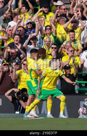 Borja Sainz di Norwich City celebra il secondo gol di Norwich City: Norwich City contro Blackburn Rovers, Sky Bet Championship, Carrow Road, Norwich, Regno Unito - 17 agosto 2024 solo uso editoriale - si applicano restrizioni DataCo Foto Stock