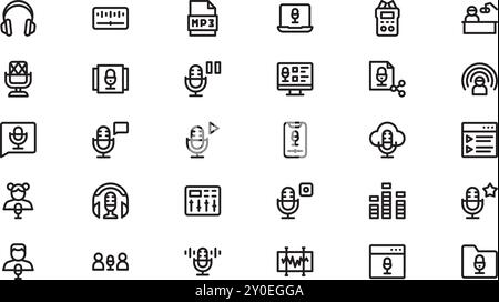 Icone podcast raccolta icone vettoriali di alta qualità con tratto modificabile. Ideale per progetti professionali e creativi. Illustrazione Vettoriale