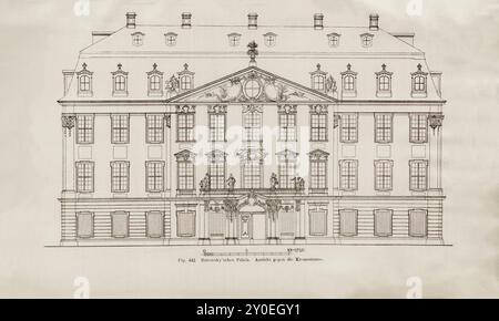 Illustrazione vintage di Dresda. Il Rutowsky'sche Palais. Germania. 1903 si dice che la casa all'angolo tra Kreuzstrasse 3 e Weissegasse sia stata costruita tra il 1720 e il 1724 per la moglie del capo ciambellano Friedrich conte Vitzthum von Eckstadt, nato von Hoym. La pianta era incredibilmente grandiosa. Sotto le tre finestre centrali della facciata principale che si affacciava su Kreuzgasse c'era la sala d'ingresso, larga circa 10 m davanti e larga 14 m dietro; a sinistra c'era la maestosa scalinata a tre piani. Al piano superiore, il fronte ha assunto la forma di una grande vendita, mentre un banchetto Foto Stock