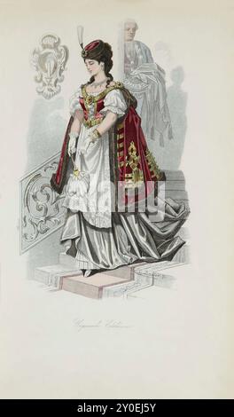 Costumi storici e popolari d'Europa. Nobildonna ungherese. Germania. 1876-1878 la nobildonna ungherese che vediamo davanti a noi indossa un abito a coda di pesante raso bianco, con un corpetto aperto di velluto rosso rifinito d'oro e intarsiato di raso bianco, su cui è disegnata una allacciatura d'oro con perle orientali. Intorno al collo c'è una pesante collana di perle, sulle orecchie orecchini simili, la testa è ricoperta da un copricapo simile al kucsma con una ricca agraffa di perle e smeraldi. Sulle spalle, fissate sul petto con chiusure d'oro e pietre preziose, poggia il mentee, allacciato a Foto Stock