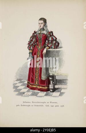 Costumi storici e popolari d'Europa. Giovanna, Granduchessa di Firenze, nata Arciduchessa d'Austria. Nata nel 1547; morta nel 1578 Giovanna era la figlia minore dell'imperatore Ferdinando i e di Anna, figlia del re Ladislao d'Ungheria e di Boemia; nacque a Praga il 24 gennaio 1547. Dopo la morte di suo padre fu promessa in sposa nel novembre 1565 a Francesco Maria, duca di Firenze, da cui ebbe tre figli; morì di parto a Firenze nel 1578 e fu sepolta nella chiesa di San Lorenzo. Il ritratto di Joanna ci mostra un bellissimo costume pieno di carattere, che riflette il rapido cambiamento Foto Stock