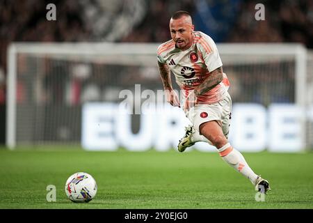 Torino, Italia. 1 settembre 2024. RomaÕs Angelino durante la partita di calcio di serie A tra Juventus e Roma allo Stadio Allianz di Torino - domenica 01 settembre 2024. Sport - calcio . (Foto di Marco Alpozzi/Lapresse) credito: LaPresse/Alamy Live News Foto Stock