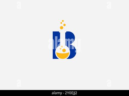 Lettera B con logo e bicchiere in vetro. Chimica, chimica, tipografia, vetro becher, logotipo, logo unico, moderno e minimalista. Icona Business Identity Vector. Illustrazione Vettoriale