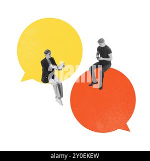Poster. Collage d'arte contemporanea. Due persone siedono su grandi bolle di discorso, simboleggiando l'importanza di una comunicazione chiara ed efficace nella leadership. Foto Stock