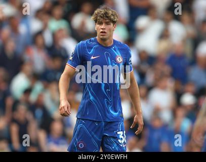 Marc Guiu di Chelsea. - Chelsea contro Manchester City, Premier League, London Stadium, Londra, Regno Unito - 18 agosto 2024. Solo per uso editoriale - si applicano restrizioni DataCo. Foto Stock