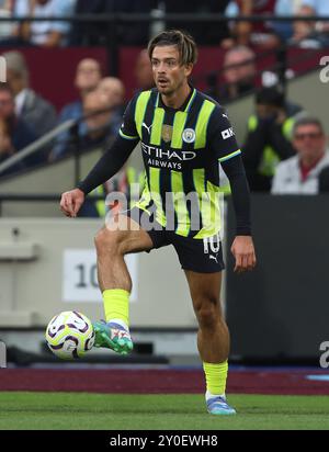 Jack Grealish di Manchester City. - West Ham United contro Manchester City, Premier League, London Stadium, Londra, Regno Unito - 31 agosto 2024. Solo per uso editoriale - si applicano restrizioni DataCo. Foto Stock