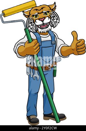 Wildcat Painter Decorator Paint Roller Mascot Man Illustrazione Vettoriale