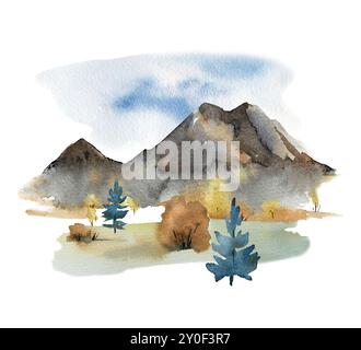 Schizzo ad acquerello delle montagne in autunno. Paesaggio astratto disegnato a mano. Foto Stock