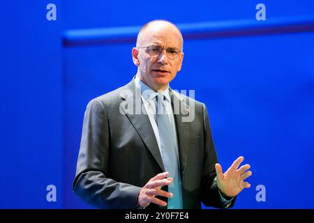 Oslo 20240902. L'ex primo ministro italiano Enrico letta partecipa a una conferenza sul SEE e sul mercato interno insieme al primo ministro Jonas Gahr Store, al leader dello lo Peggy Hessen Folsvik e al leader dell'NHO Ole Erik Almlid presso il Centro Congressi di Oslo. Foto: Beate Oma Dahle / NTB Foto Stock