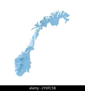 Norvegia mappa politica delle divisioni amministrative - contee e città autonoma di Oslo. Mappa vettoriale ombreggiata con sfumatura blu 3D e etichette dei nomi Illustrazione Vettoriale