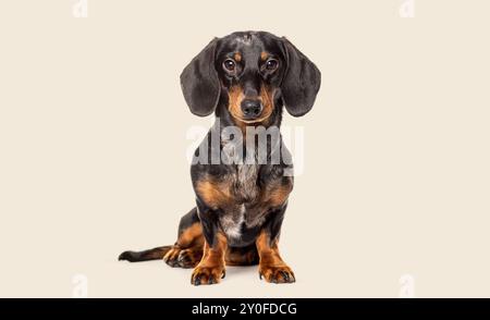 Ritratto in studio di un dachshund seduto che guarda la fotocamera su uno sfondo beige Foto Stock