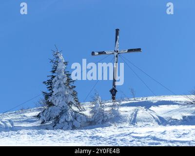 Vetta del monte Setzberg, Baviera, Germania, in inverno Foto Stock