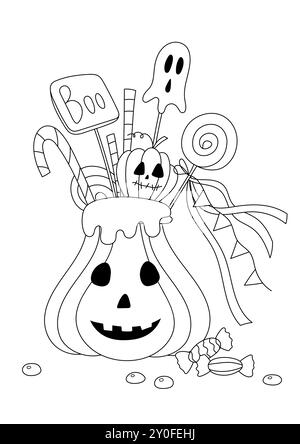 Halloween Coloring Page for Adults and Kids presenta Un secchiello-zucca pieno di caramelle, che fornisce sollievo dallo stress attraverso il colore Illustrazione Vettoriale