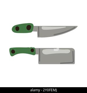 Coltelli da cucina con coltello da chef e manici verdi. Design semplice e pulito, perfetto per temi culinari, utensili da cucina e preparazione di cibi Illustrazione Vettoriale
