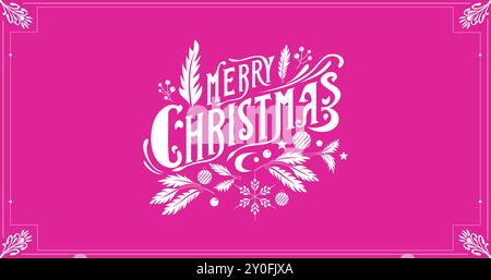 Un'illustrazione vettoriale del design tipografico "buon Natale" e degli elementi natalizi con un bordo a motivi geometrici su sfondo rosa. Illustrazione Vettoriale