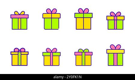 La scatola regalo colorata delinea l'icona del disegno a mano Illustrazione Vettoriale