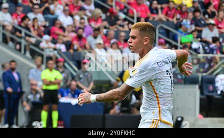 St. Louis, Stati Uniti. 1 settembre 2024. L'attaccante del Los Angeles Galaxy Gabriel PEC (11) osserva il suo colpo salpare lontano dal gol nel primo tempo. STL City ha ospitato LA Galaxy in una partita della Major League Soccer allo STL CITYPARK Stadium di St. Louis, Missouri, domenica 1 settembre 2024. Foto di Tim Vizer/Sipa USA credito: SIPA USA/Alamy Live News Foto Stock