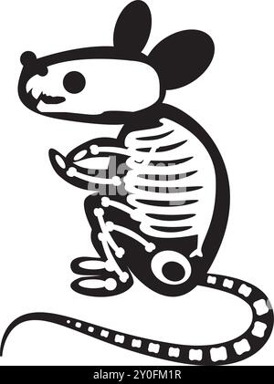Silhouette ratto spaventato di Halloween con ossa di scheletro di roentgen, personaggio da favola inquietante. Spaventoso contorno d'ombra del topo spaventato. Semplice bianco e nero Illustrazione Vettoriale