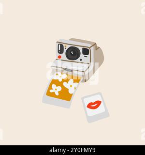 Disegnato cartoni animati astratti vettoriali, illustrazione vecchia fotocamera d'epoca, isolata. Carino fumetti nostalgici degli anni '80 degli anni '90. Ottimi elementi di design per Illustrazione Vettoriale